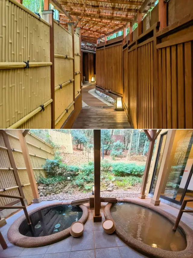 温泉旅馆竹篱小径与露天汤池（上下两格拼图）