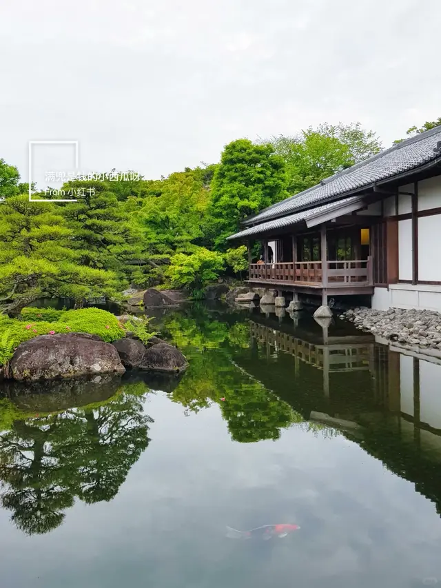池塘倒影与临水的日式建筑（活水轩一带）