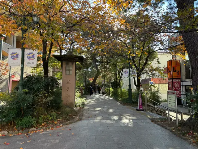 花之道入口石柱与秋叶林荫步道，通往大剧场
