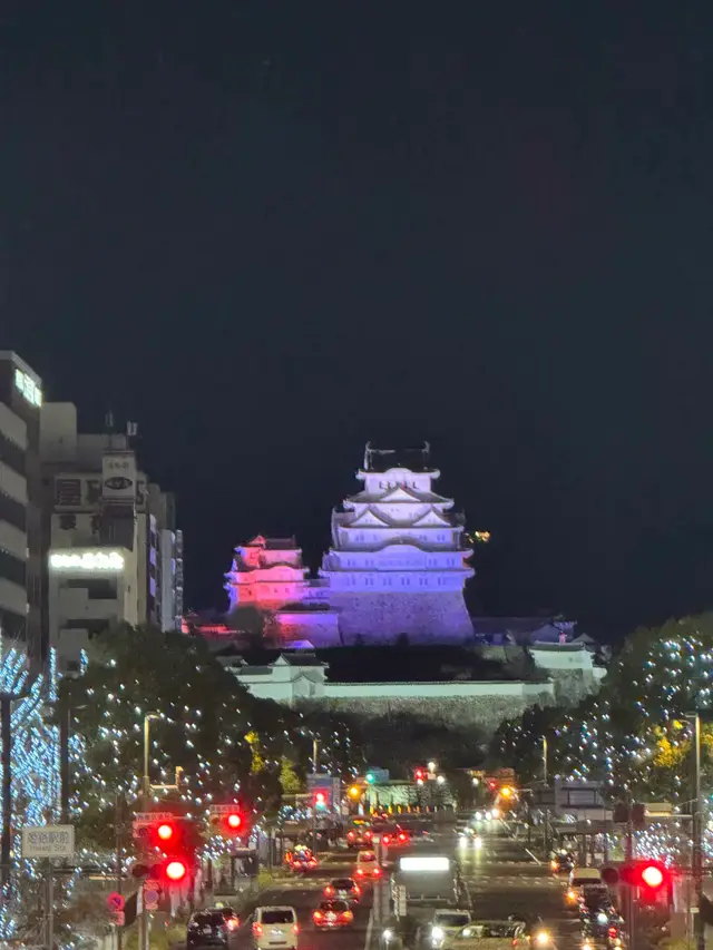 夜晚从车站望亮灯的姬路城与街灯